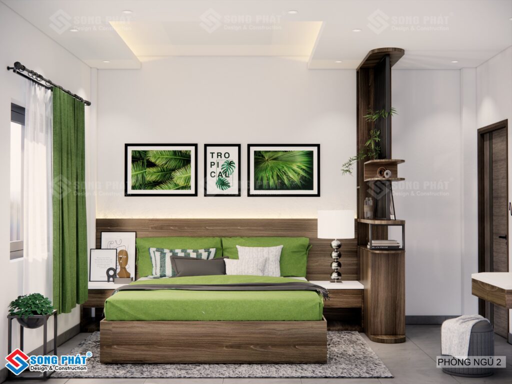 Phòng ngủ nhà 3m5x16m sử dụng màu xanh làm màu chủ đạo