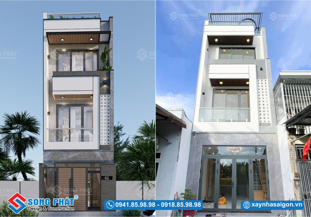 Mặt tiền hoàn thiện nhà chị Gấm giống 100% phối cảnh