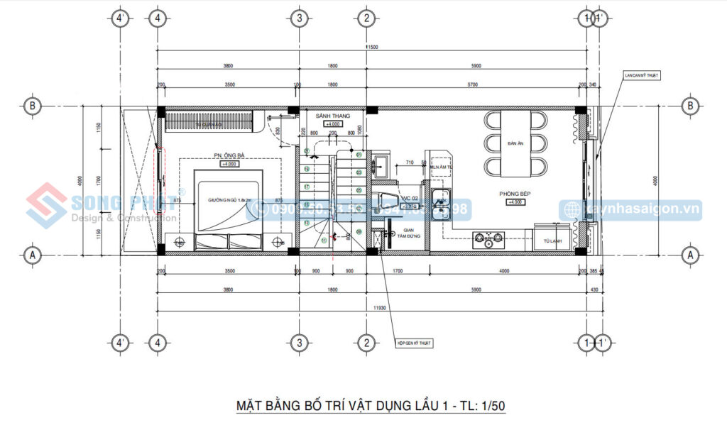 Mặt bằng bố trí vật dụng lầu 1