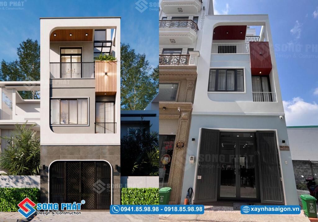 Mặt tiền hoàn thiện nhà anh Tú giống với phối cảnh