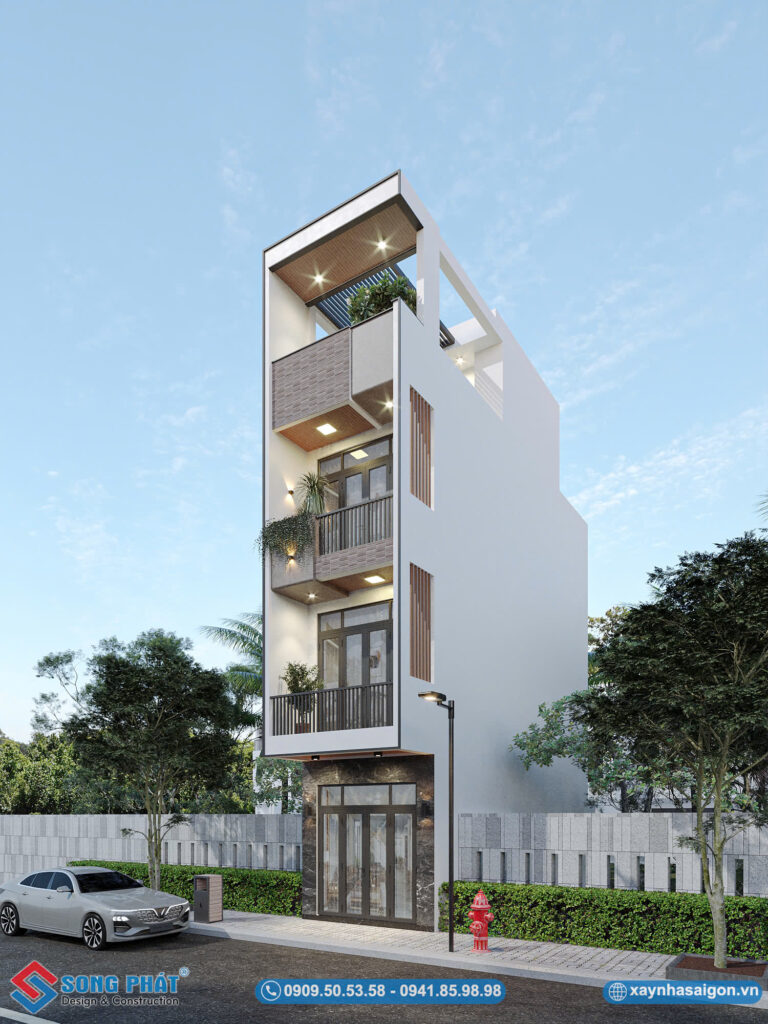 Hệ lam gỗ bố trí bên hông mặt tiền vừa tăng tính thẩm mĩ vừa tránh nắng hiệu quả