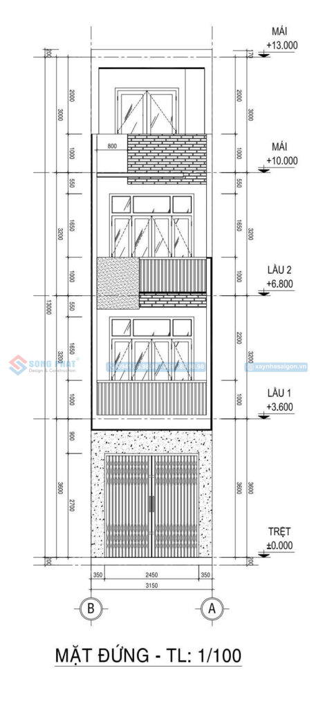 Mặt đứng chi tiết của thiết kế mặt tiền nhà phố 4 tầng 3x10m5