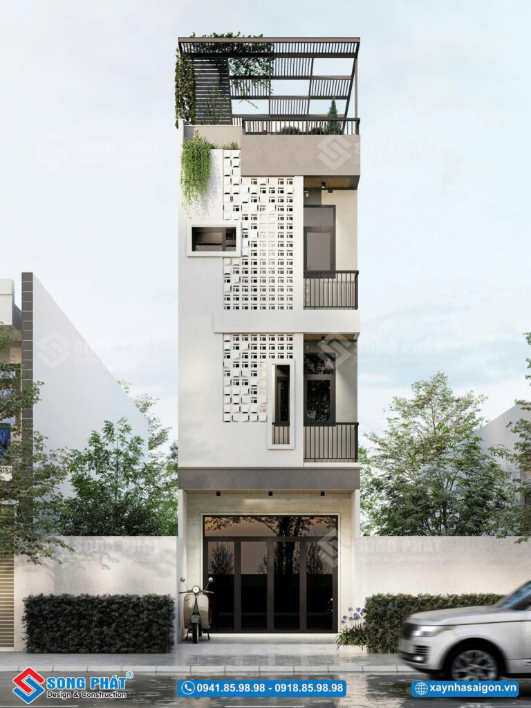 Mặt tiền nhà phố 4 tầng 48m2 ấn tượng với hệ gạch bông gió tinh tế