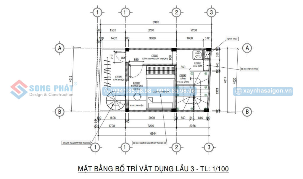 Mặt bằng bố trí vật dụng lầu 3