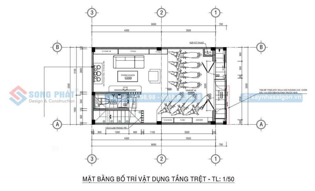 Mặt bằng bố trí vật dụng tầng trệt nhà 4 tầng 5x8m