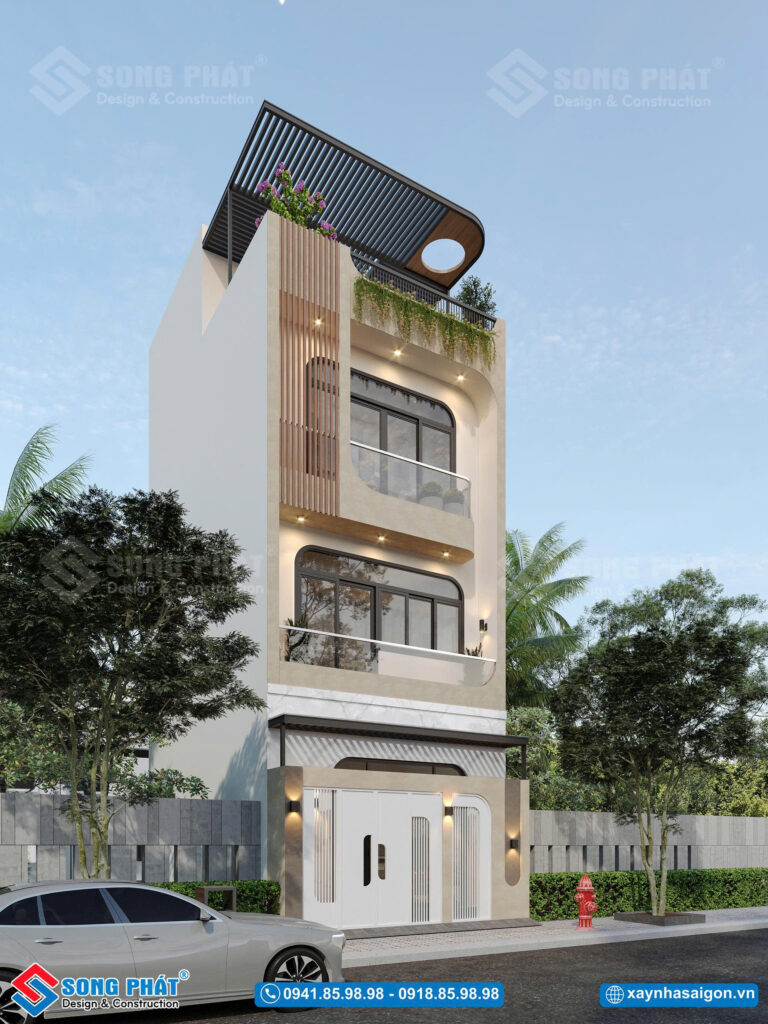 Lam gỗ trang trí tạo điểm nhấn cho tổng thể mặt tiền nhà 4 tầng 5x8m