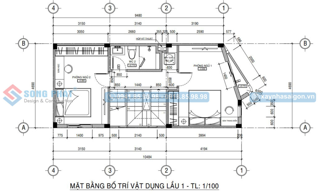 Mặt bằng bố trí vật dụng lầu 1 